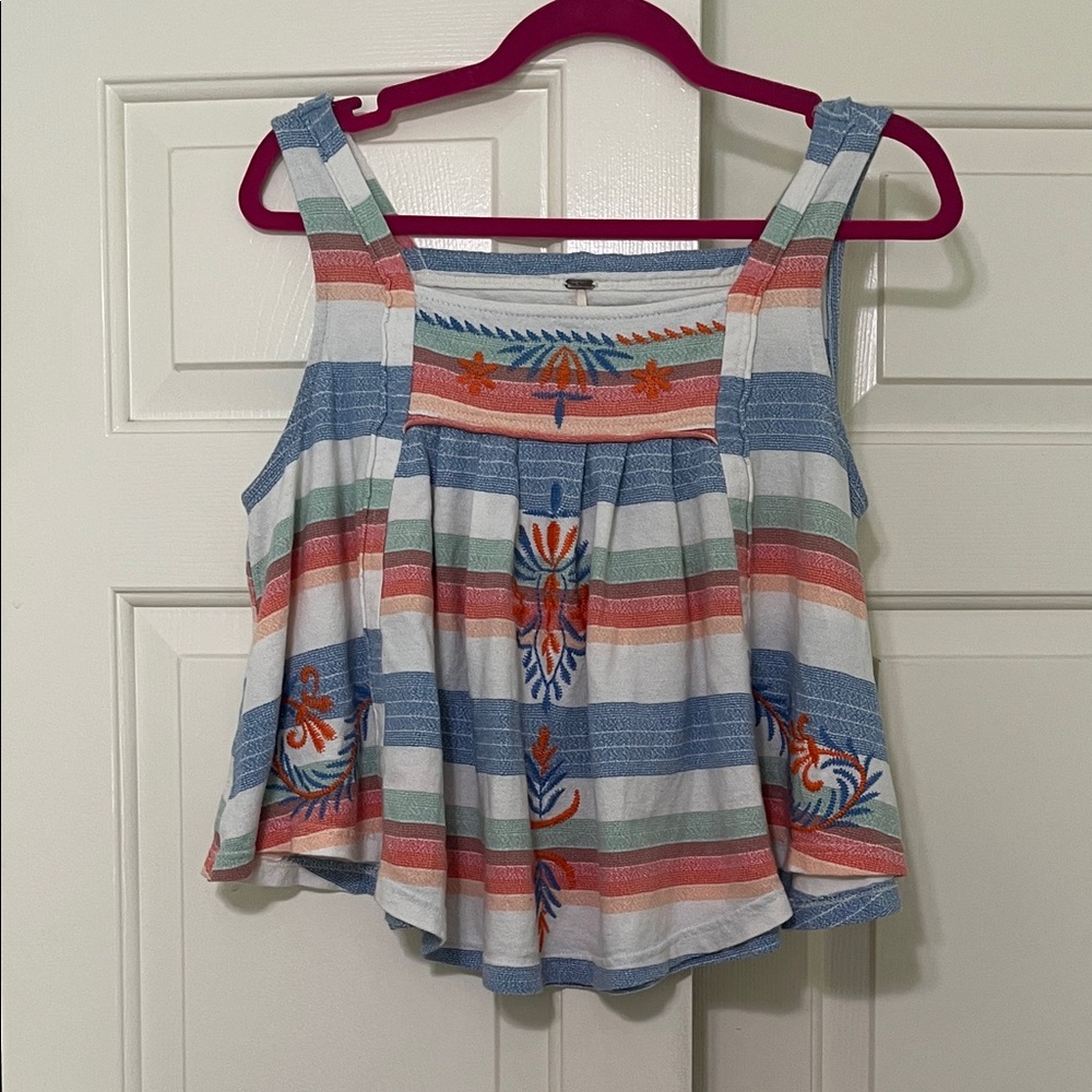 Free People Multicolor Striped Embroidered Swing Tank Top